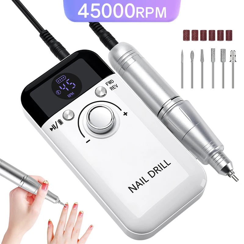 Professional 45,000 RPM Rechargeable Nail Drill Machine – Portable, Low Noise & LCD Display