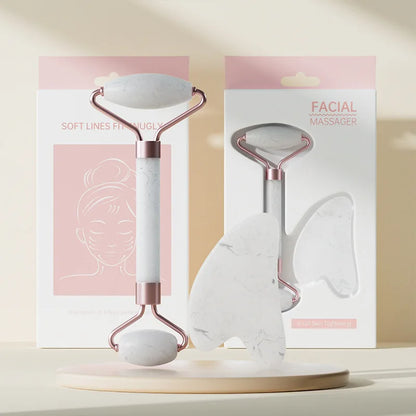 Face & Neck Massager Roller + Gua Sha Scraping Board – Resin Crystal Beauty Tool Set