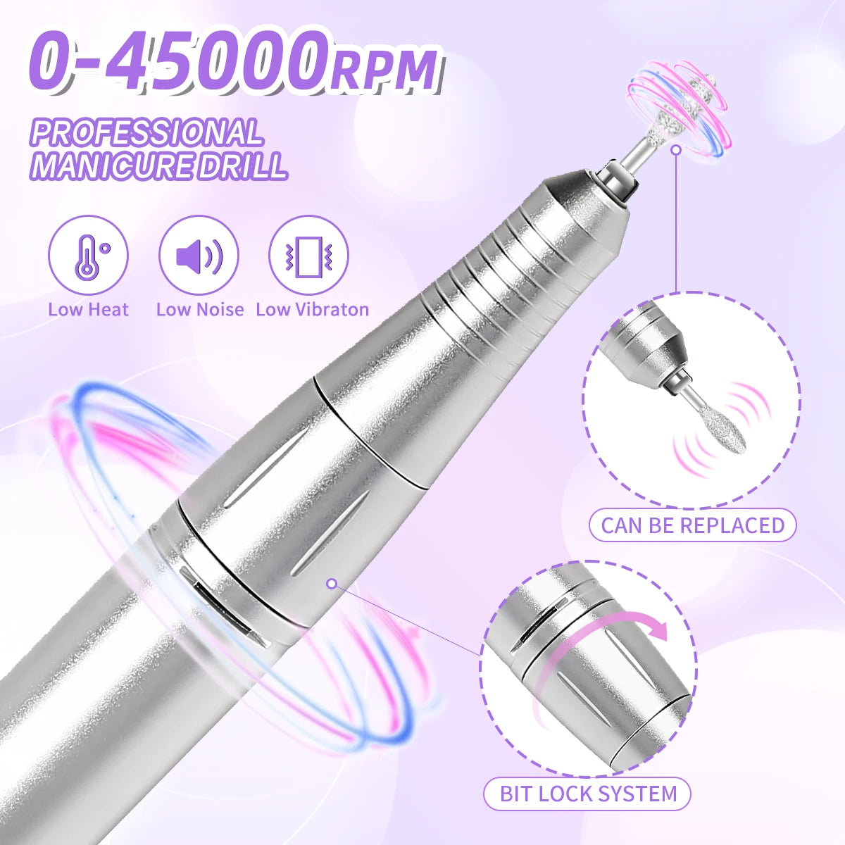 Professional 45,000 RPM Rechargeable Nail Drill Machine – Portable, Low Noise & LCD Display