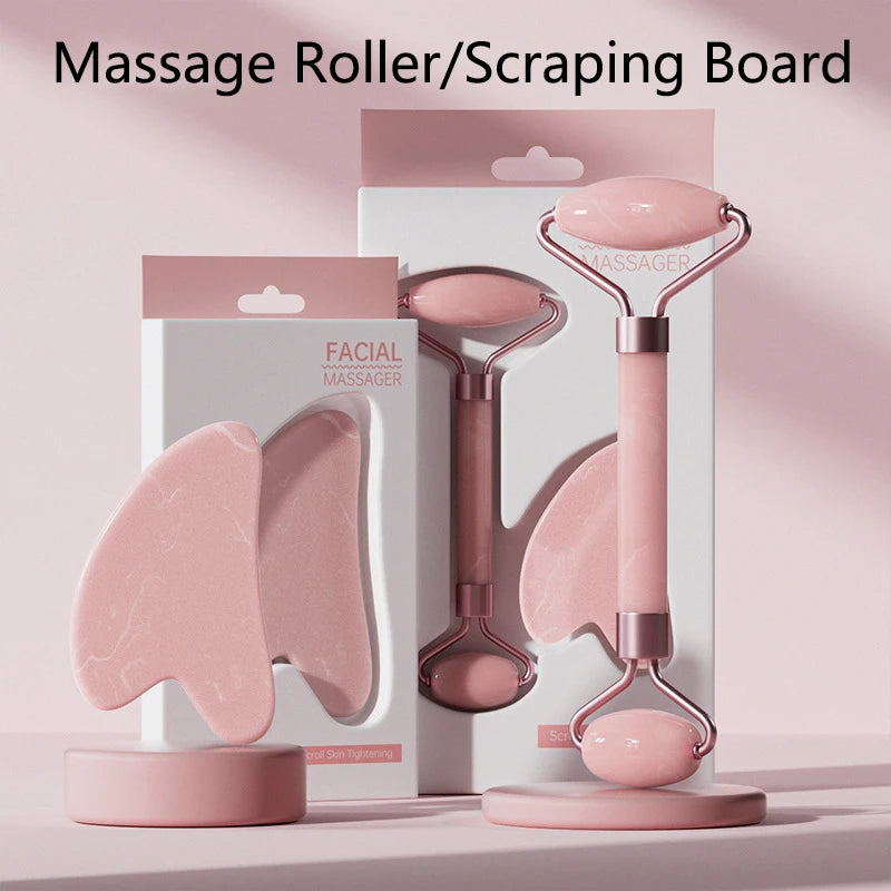 Face & Neck Massager Roller + Gua Sha Scraping Board – Resin Crystal Beauty Tool Set