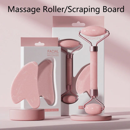 Face & Neck Massager Roller + Gua Sha Scraping Board – Resin Crystal Beauty Tool Set