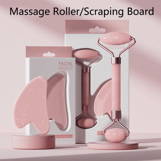 Face & Neck Massager Roller + Gua Sha Scraping Board – Resin Crystal Beauty Tool Set