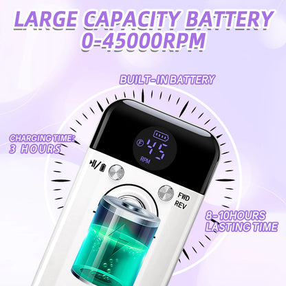 Professional 45,000 RPM Rechargeable Nail Drill Machine – Portable, Low Noise & LCD Display