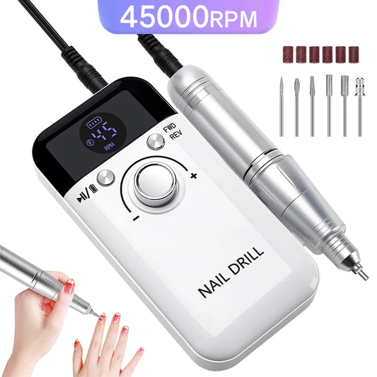 Professional 45,000 RPM Rechargeable Nail Drill Machine – Portable, Low Noise & LCD Display